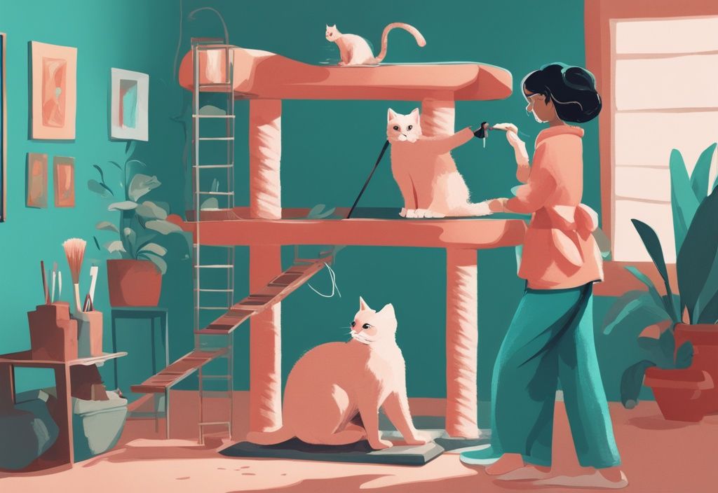 Person cleaning a large cat tree with various tools, while a curious cat watches, illustrating how to clean a cat tree with teal color theme.