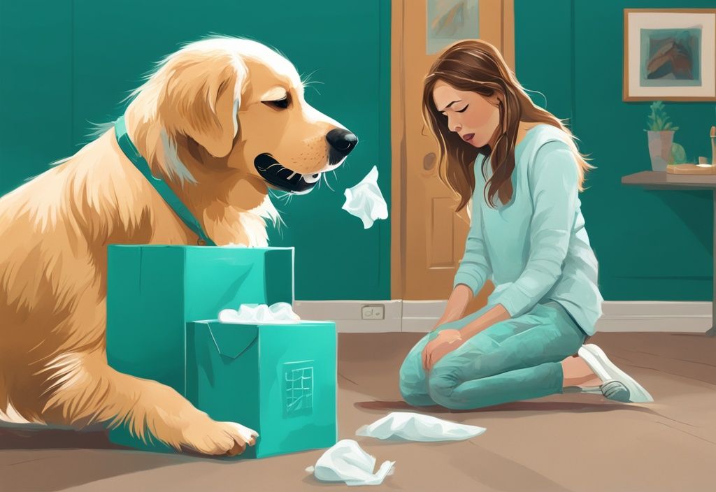 Digital painting of a teal-themed playful golden retriever sneezing with tissue box and concerned owner in background