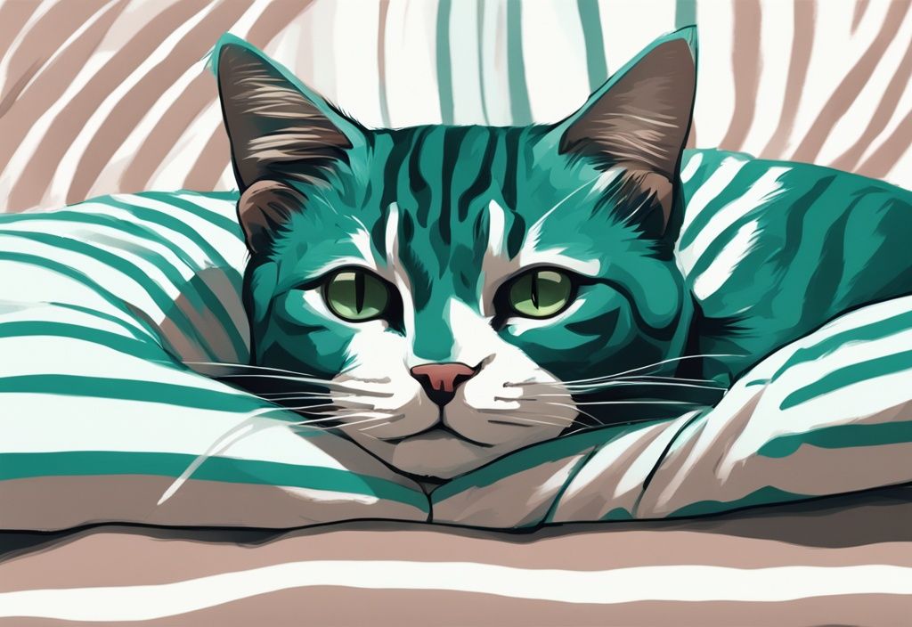 Modern digital painting of a tired striped cat on a pillow, teal color theme