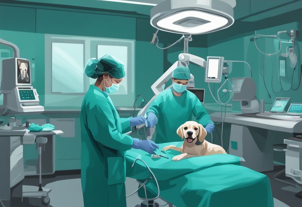 Modern digital painting of a vet performing FHO surgery on a dog in a teal-themed, sterile operating room.