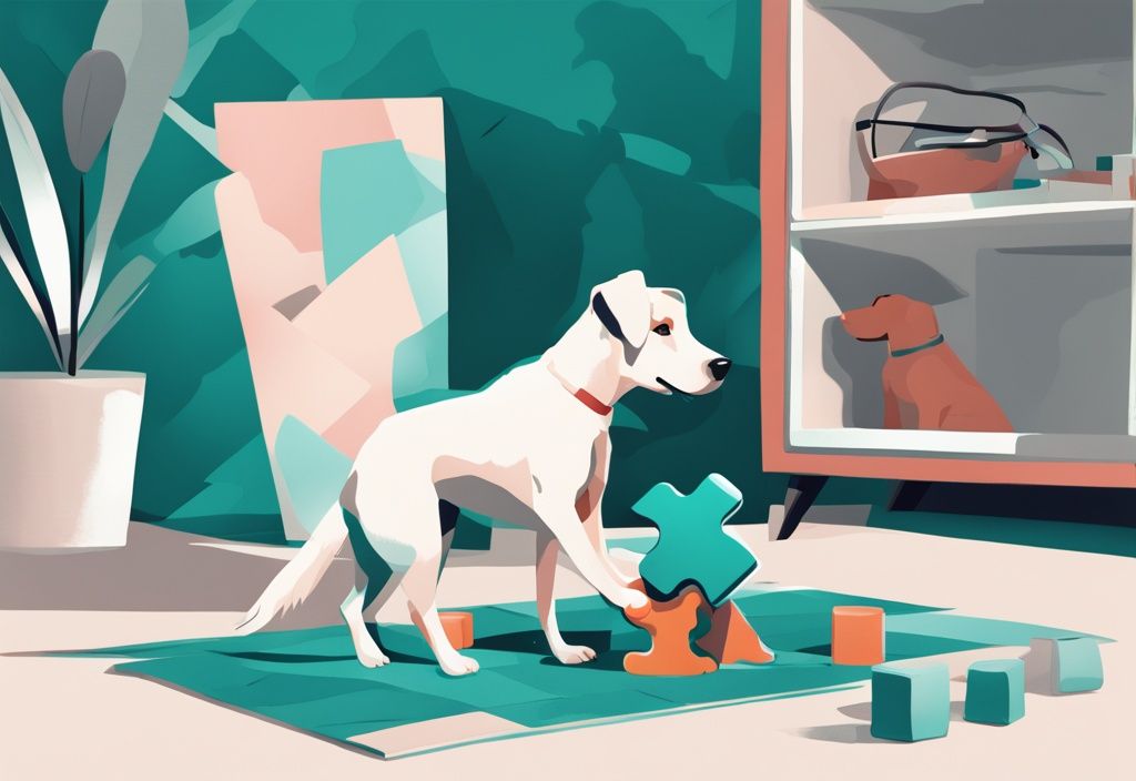 Digital painting of a teal-themed playful scene with a dog engaging with a puzzle toy, showing a tired expression.