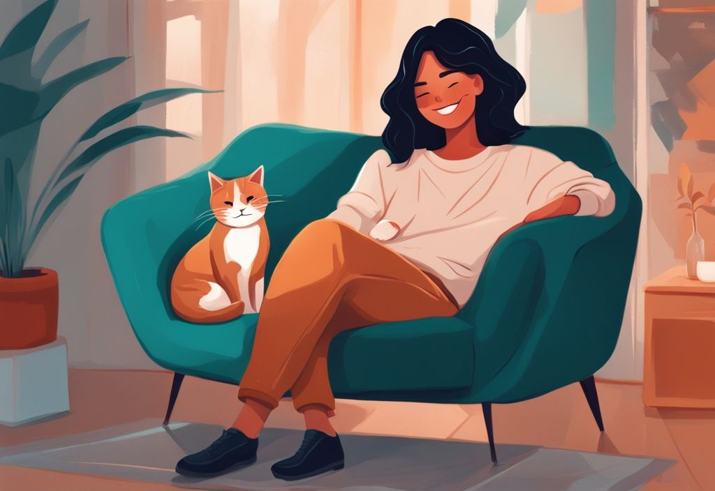 Modern digital painting of a cozy cat in a smiling person's lap, teal color theme, warmly lit room.