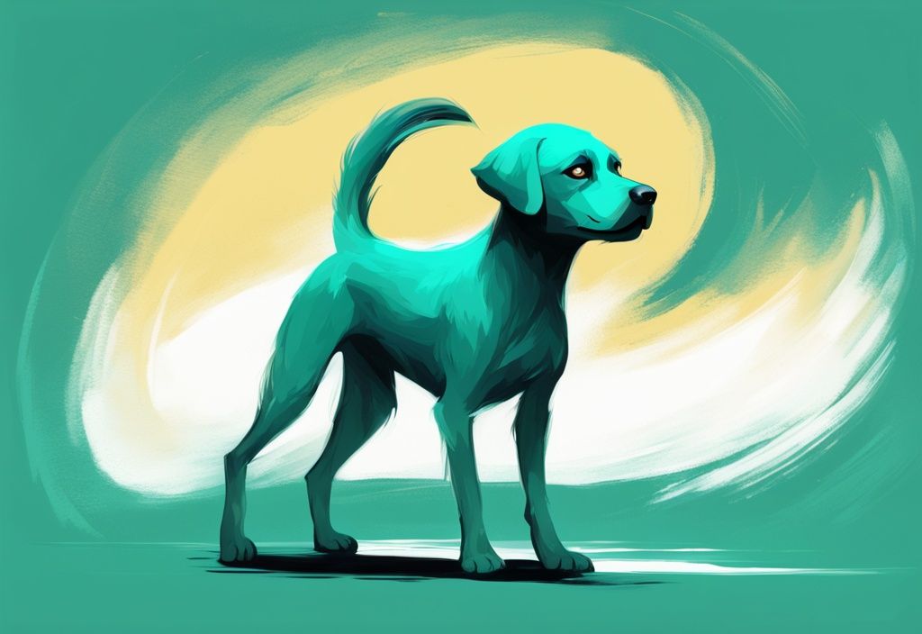 A modern digital painting of a teal-themed nervous dog, depicting behavior like shaking and acting weird all of a sudden, anxiously staring at its tail or pacing erratically.