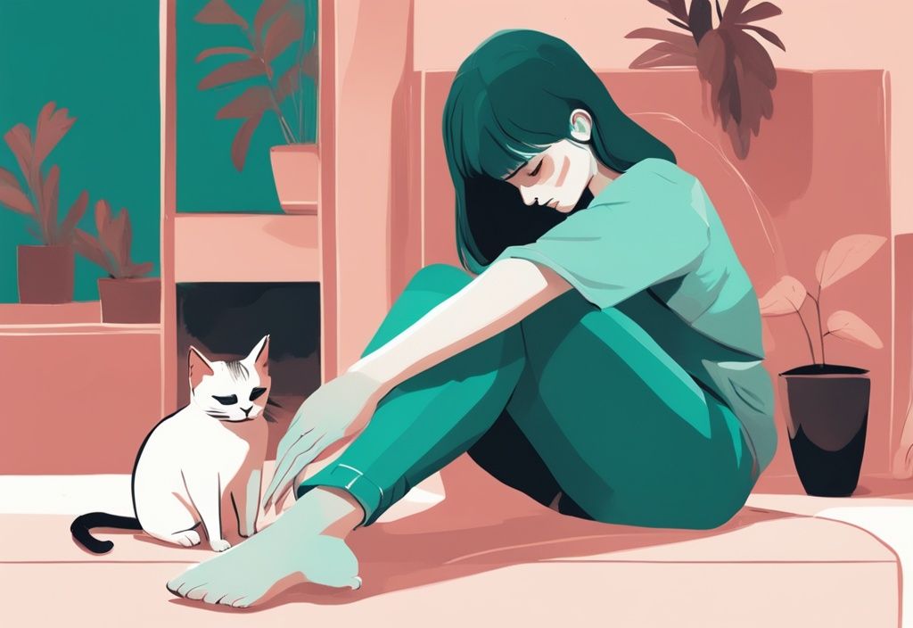 Modern digital painting of a teal-themed cat purring and rubbing against a person's leg.