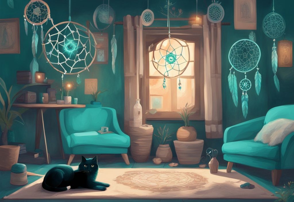 Modern digital painting of a teal-themed cat visiting a quaint house with spiritual symbols, including dreamcatchers, crystals, and glowing paw-prints.