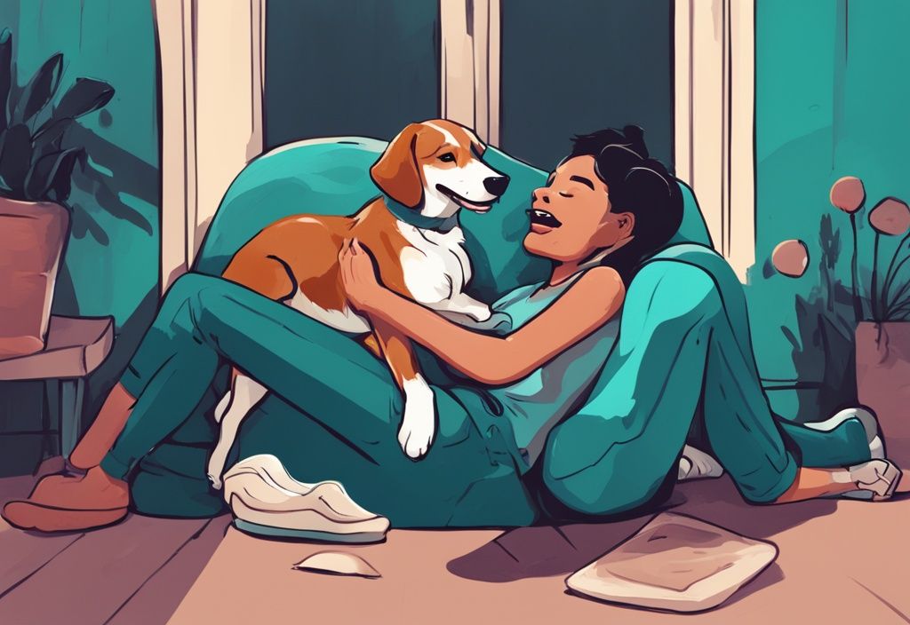 Modern digital painting of a dog chewing a bone on owner's lap, illustrating why does my dog chew his bone on me, with a teal color theme.