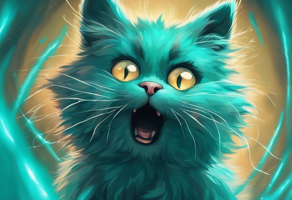 Frizzy wide-eyed cat experiencing static electricity with fur standing on end, reaching for a metallic object, illustrating "why is my cat staticky" with a modern teal-themed digital painting.