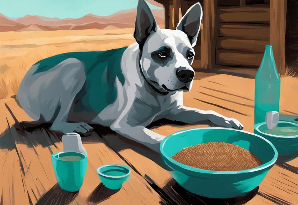 Modern digital painting of a dog at a rustic ranch enjoying Badlands Ranch dog food, teal color theme.