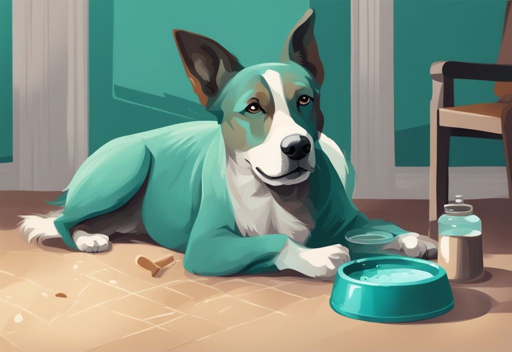 Modern digital painting of a dog lying next to an empty water bowl with a sand timer flipping in the background, teal color theme.