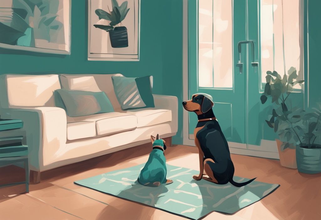 Modern digital painting of a well-behaved dog on a mat in a stylish apartment, illustrating how to have a dog in an apartment with peace and harmony, featuring a teal color theme.