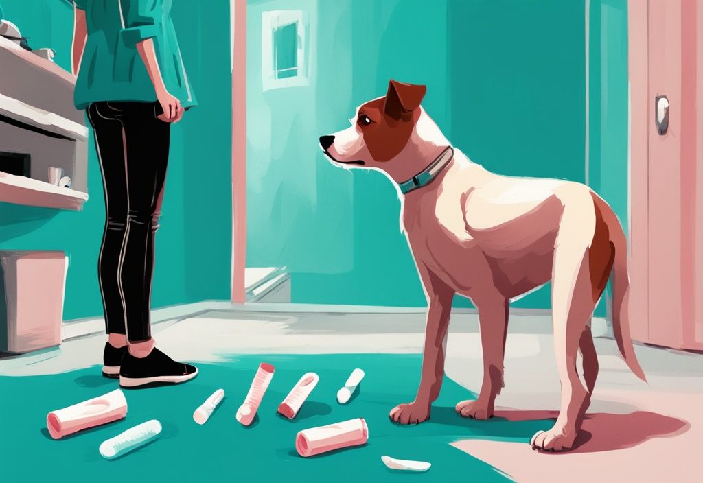 Modern digital painting of a worried dog owner holding an empty tampon wrapper, with a guilty-looking dog in the background; dog ate tampon theme with teal color scheme.