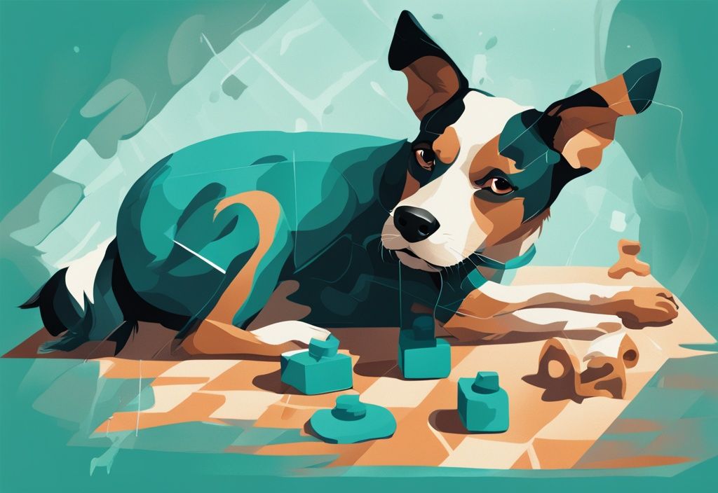 Teal-themed digital painting of a dog playing with a puzzle toy, showcasing a playful yet tired expression.