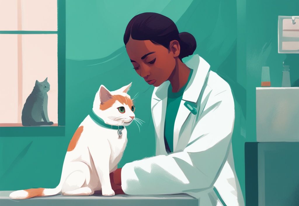 Modern digital painting of a worried pet owner with a cat and a vet in a white coat explaining, teal color theme.