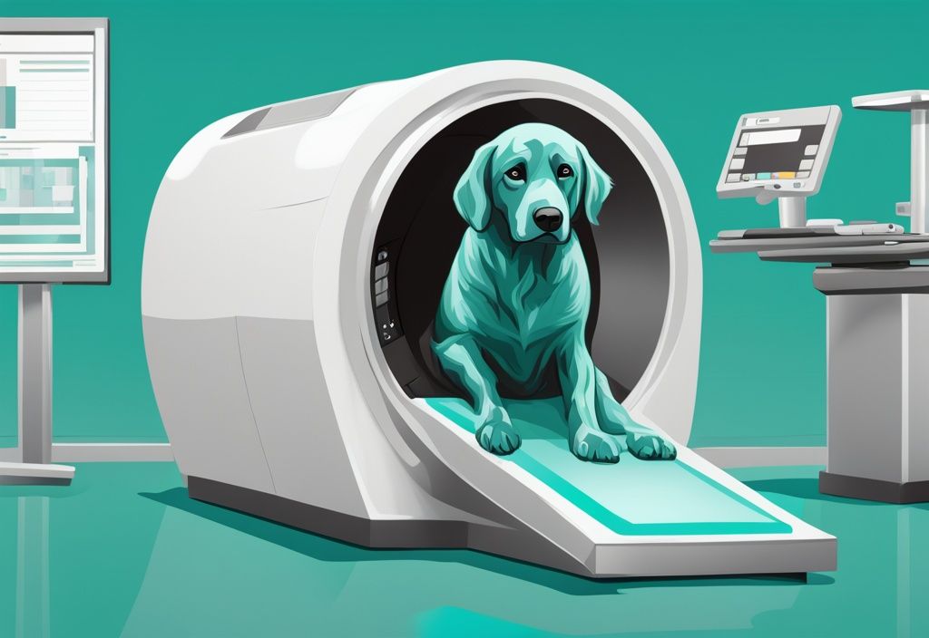 Modern digital painting of a dog inside a CT scanner with a teal color theme; overlay displays cost details, answering "how much is a dog CT scan.