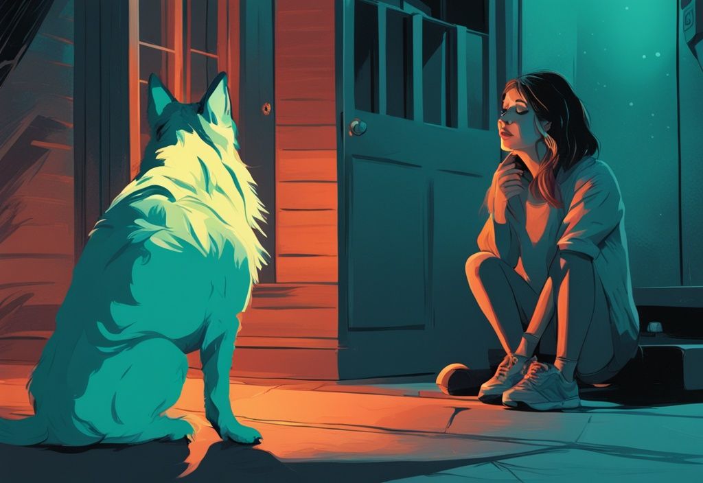 Modern digital painting of a worried owner observing their dog panting at night, highlighting the theme "why is my dog panting at night" with a teal color scheme.