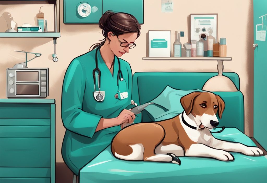 Digital painting of a veterinarian explaining dog urethral prolapse healing with teal theme, featuring diagrams, comfy pet bed, and first-aid kit.