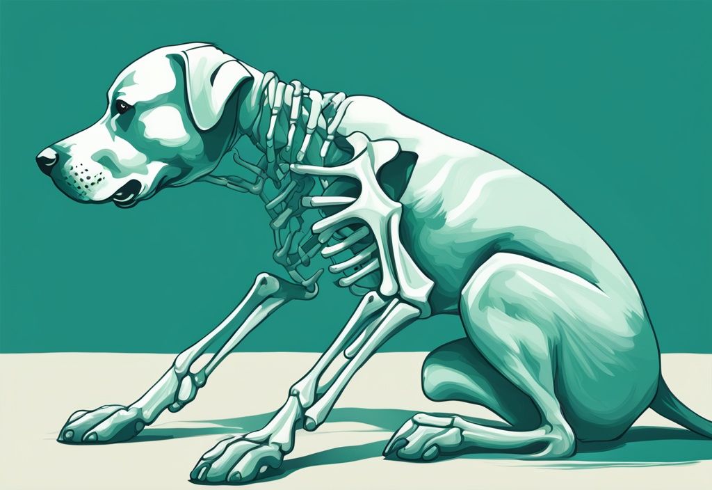 Teal-themed digital painting of a playful dog with skeletal structure overlay, highlighting bones.