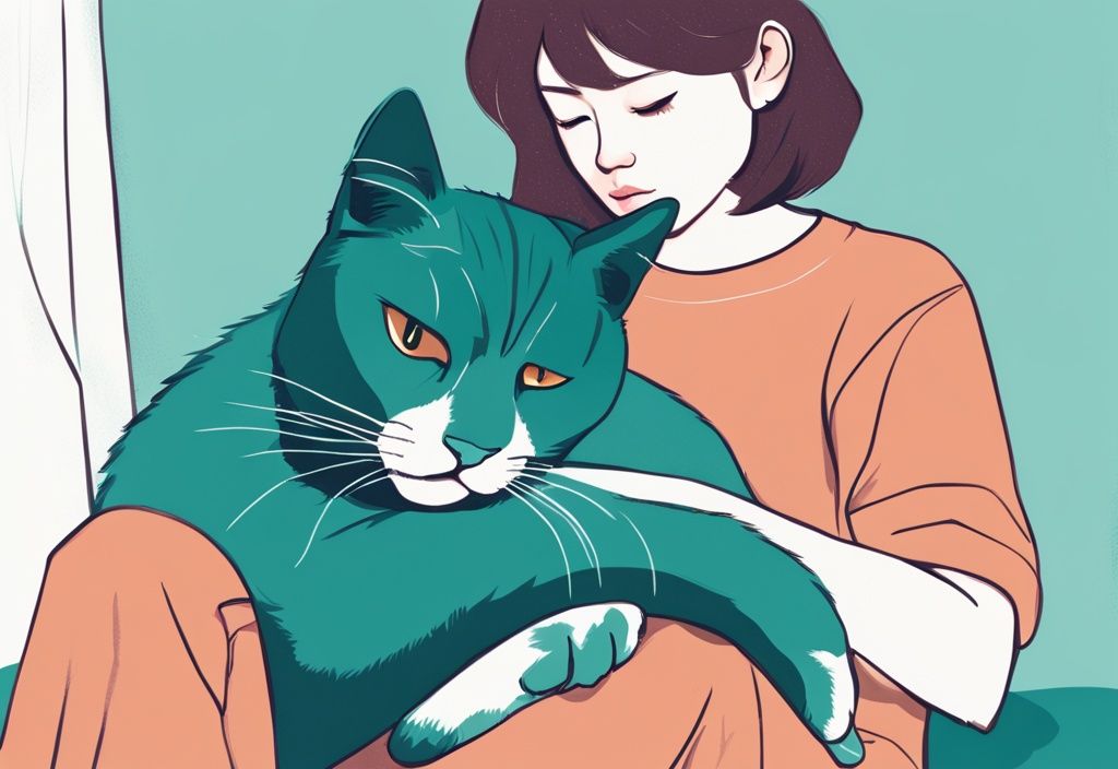 Teal-themed digital painting of a lap cat purring contentedly on a person's lap, with a hand gently stroking its fur.