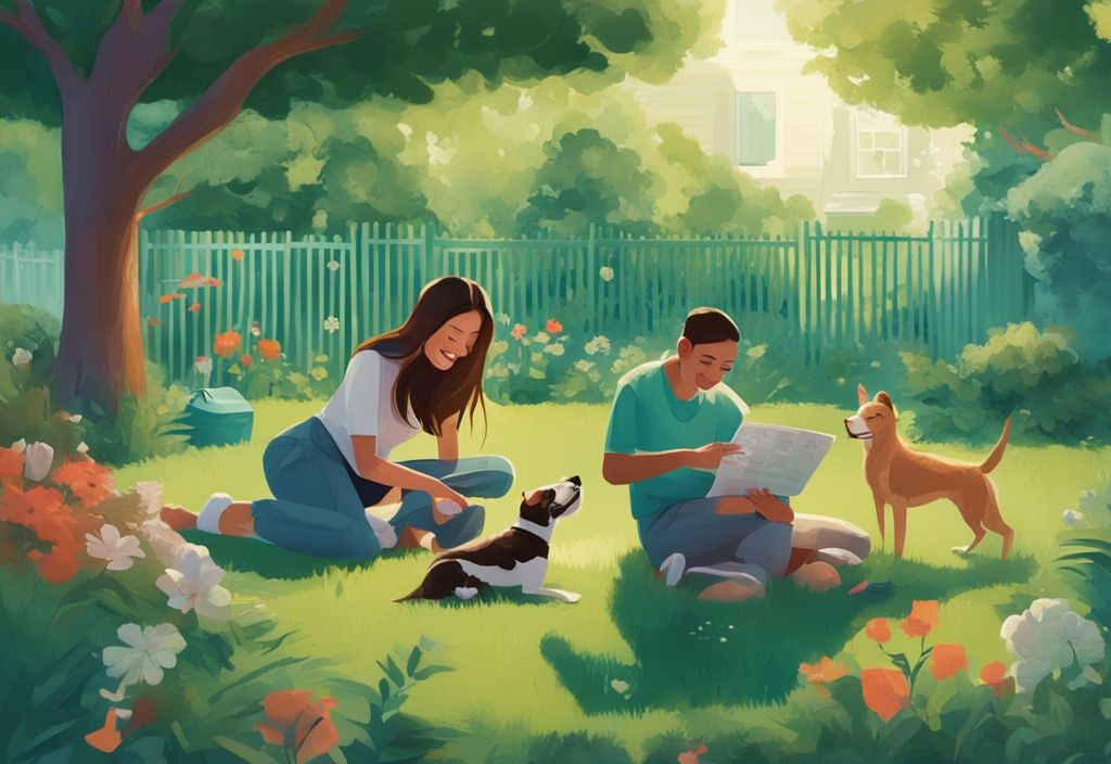 Modern digital painting of a family playing with pets in a lush yard, teal theme, calendar marking time after pesticide application.