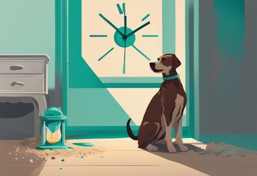 Digital painting of an anxious dog in time-out with teal theme and sand-clock.