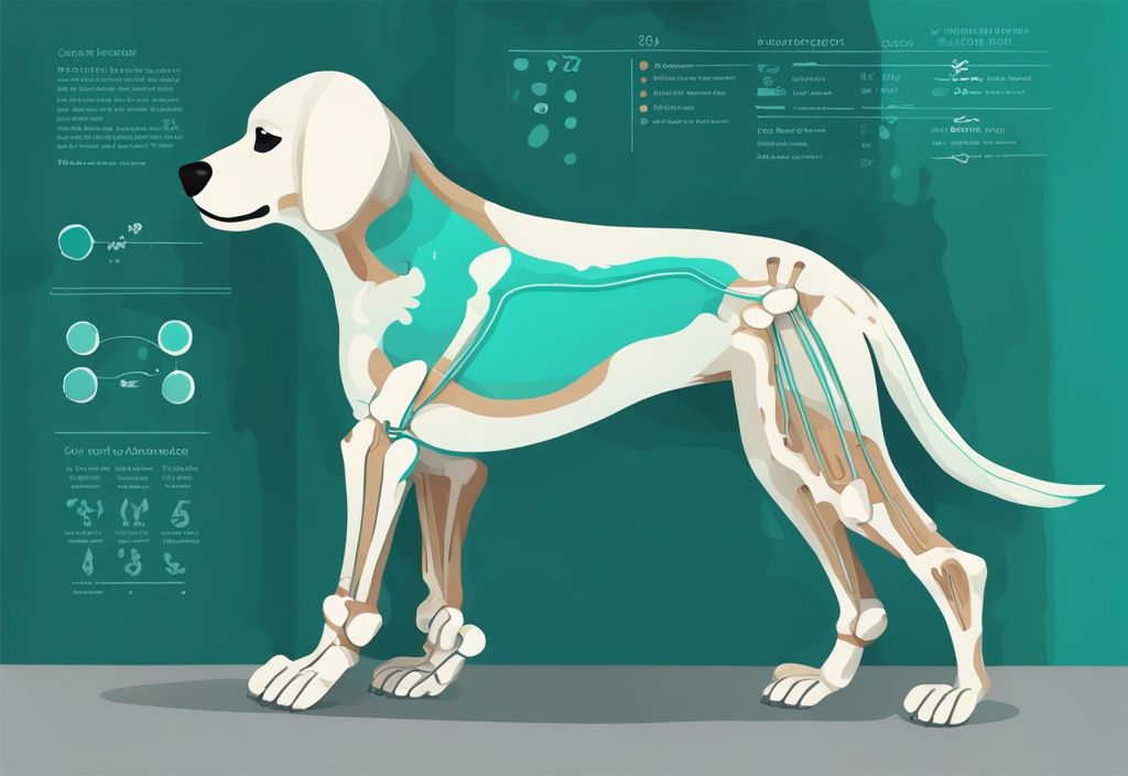 Digital painting of a dog beside an infographic illustrating how many bones does a dog have with a teal color theme.