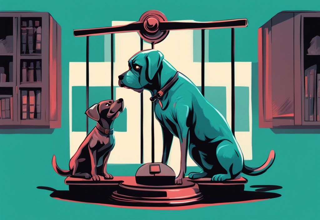 Modern digital painting of two dogs, one aggressive and one frightened, with a shadowy judge holding a balance scale; keyword: my dog was attacked by another dog what are my rights.