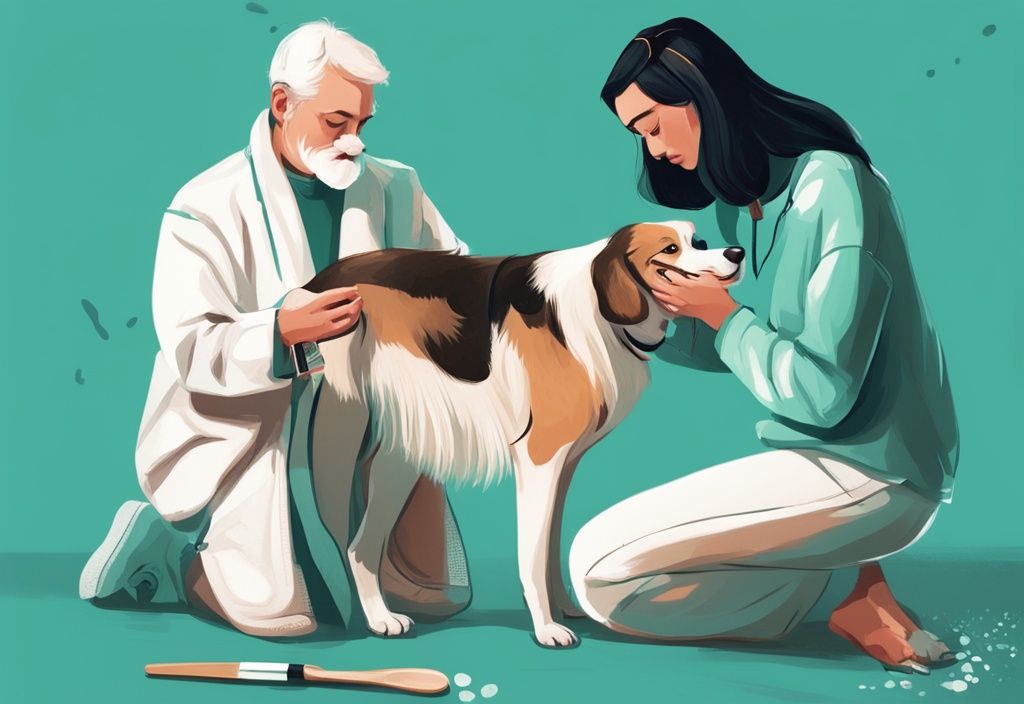 Modern digital painting of a dog being groomed with home remedies, showcasing how to stop dog shedding home remedy using olive oil and Omega-3 supplements, in a teal-themed setting.