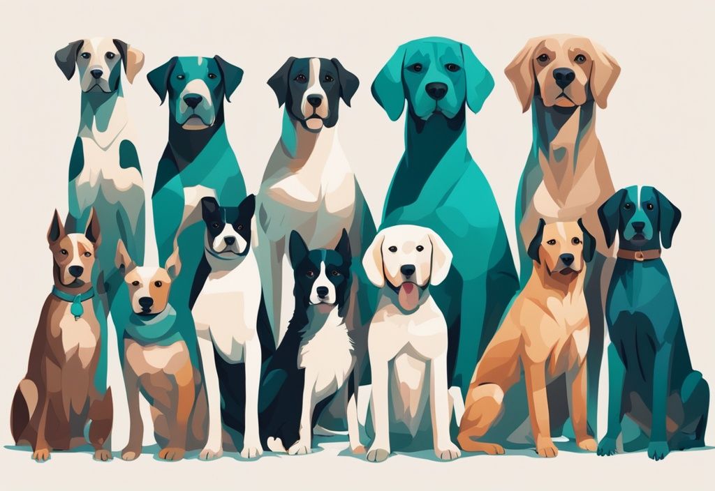 A digital painting of various dog breeds in teal tones, highlighting their unique characteristics and features.