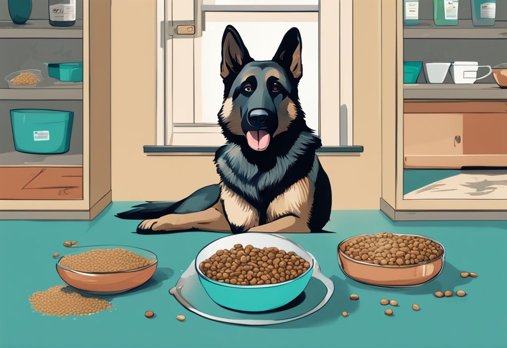 A modern digital painting of a fit German Shepherd happily eating from a bowl of best dog food for German Shepherds, showcasing various premium dog food types with labeled nutritional benefits, in a teal-themed illustration.