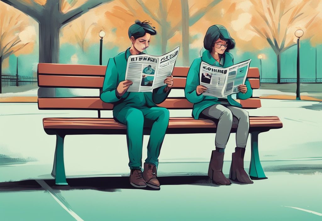 Modern digital painting of a dog and human on park bench reading newspaper, teal color theme, comical dog-human review scene.