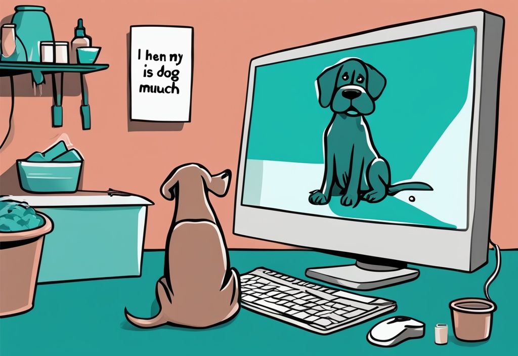 Digital painting of a concerned dog owner viewing a monitor with "Why is my dog pooping so much?" text, featuring teal color theme, dietary items, and dog bowl in background.