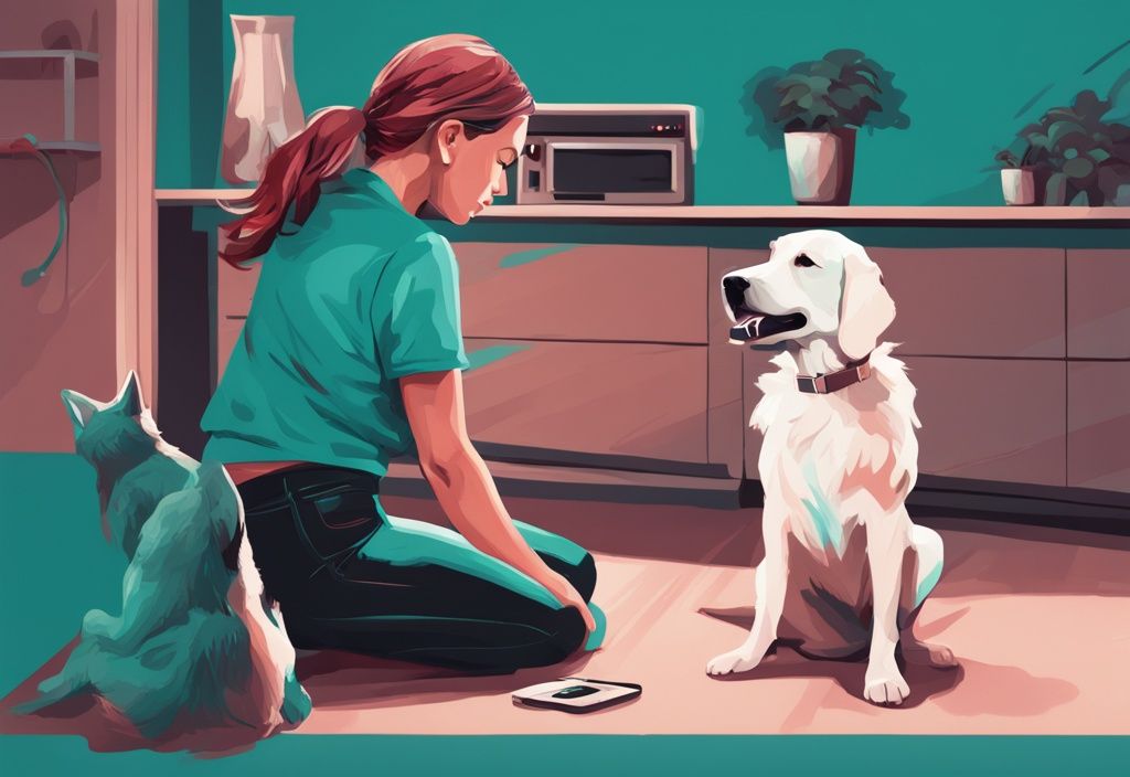 Modern digital painting of a concerned pet owner observing her dog with abnormal behaviors like excessive marking and aggression, teal color theme.