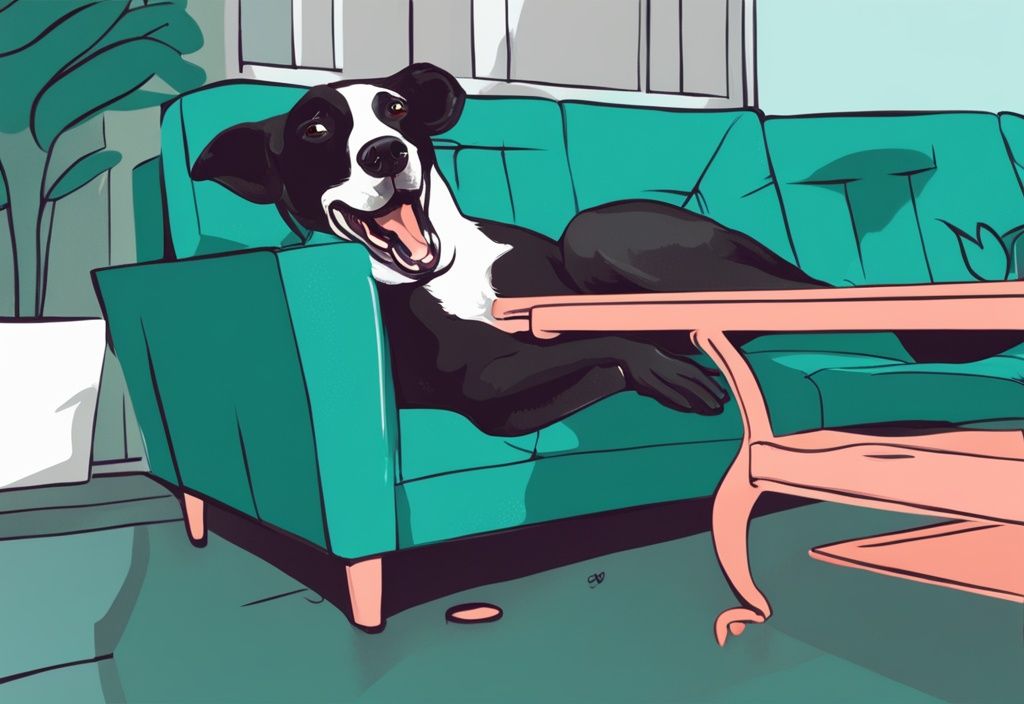 Curious dog licking couch while owner watches, modern digital painting in teal theme