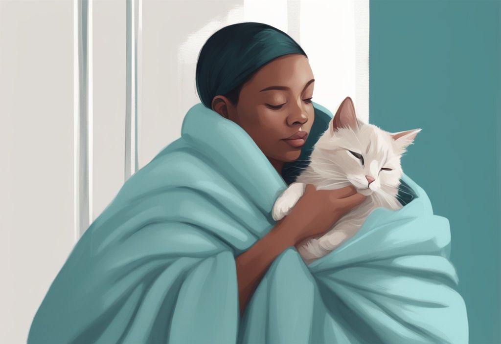 Modern digital painting of a person wrapping a relaxed cat in a baby-blue swaddle blanket, teal color theme.