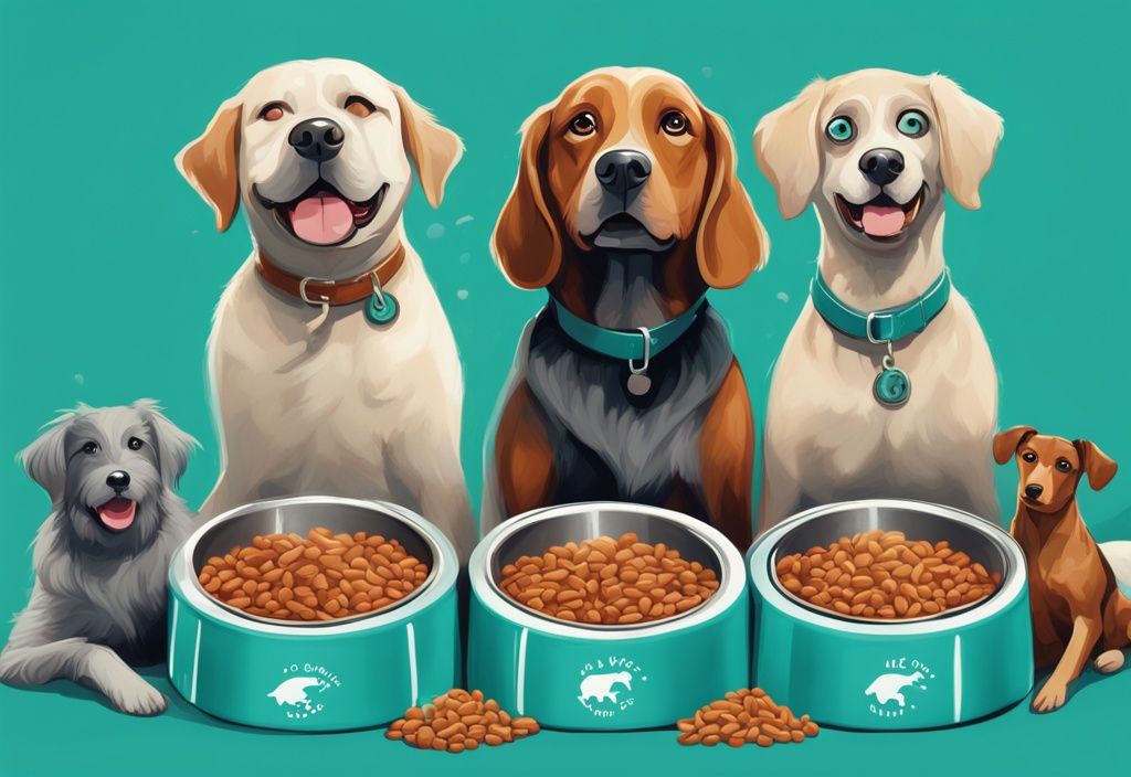 Digital painting of two dog food bowls, one with Ollie logo and the other with Farmer's Dog logo, accompanied by two dogs reacting, in a teal-themed modern illustration.