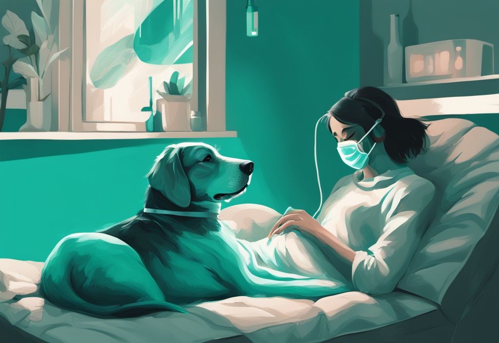 Modern digital painting of a dog at home with an oxygen mask, illustrating how can I give my dog oxygen at home, featuring a teal color theme.