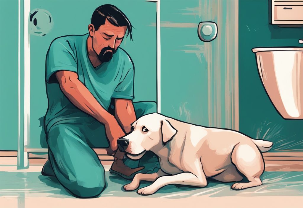 Concerned owner observing sick dog after drinking water, modern digital painting with teal color theme.