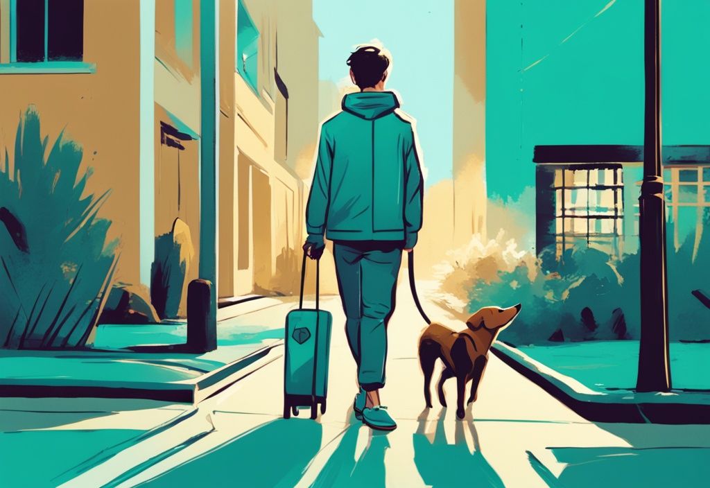 Modern digital painting of a conscientious dog owner on a sidewalk redirecting his lively dog towards a grassy area with a short leash, illustrating the concept of "what does curb your dog mean" with a teal color theme.