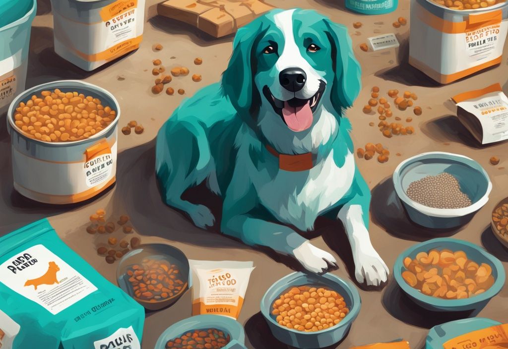 Modern digital painting of Open Farm dog food packages with teal theme, featuring a cheerful dog and star rating overlay.