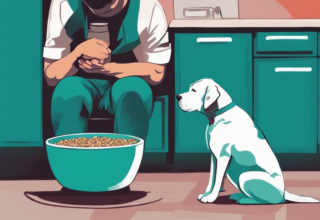 Senior dog disinterested in food beside full bowl, concerned pet owner, teal-themed digital illustration.