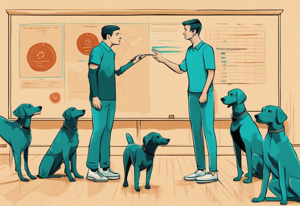 Teal-themed digital illustration of a dog trainer explaining dog behavior to an audience, featuring a chart on dog bite frequency and legal implications.