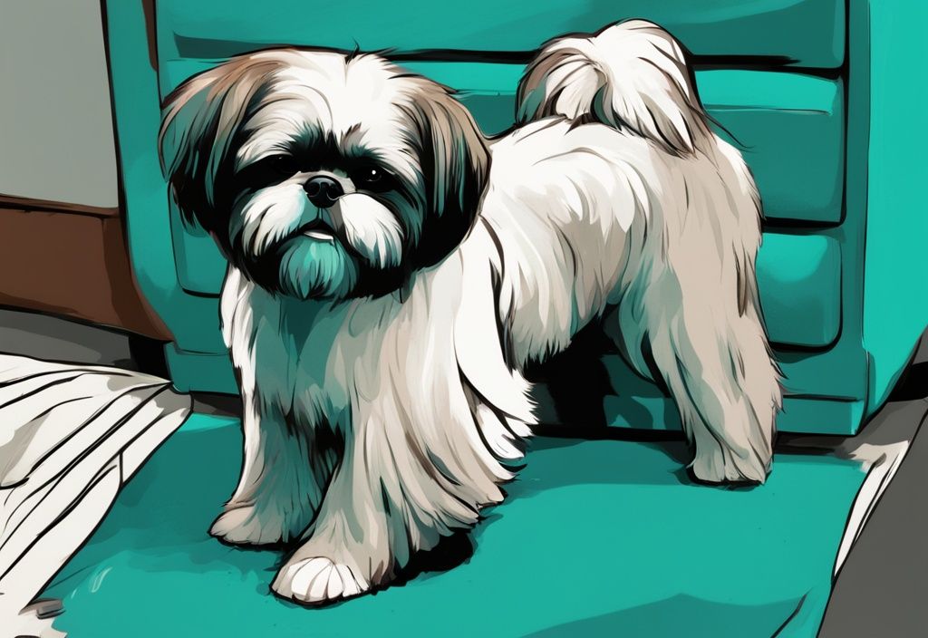 Teal-themed digital painting of a Shih Tzu displaying negative behaviors such as chewing furniture, excessive barking, and disobedience in a home setting.