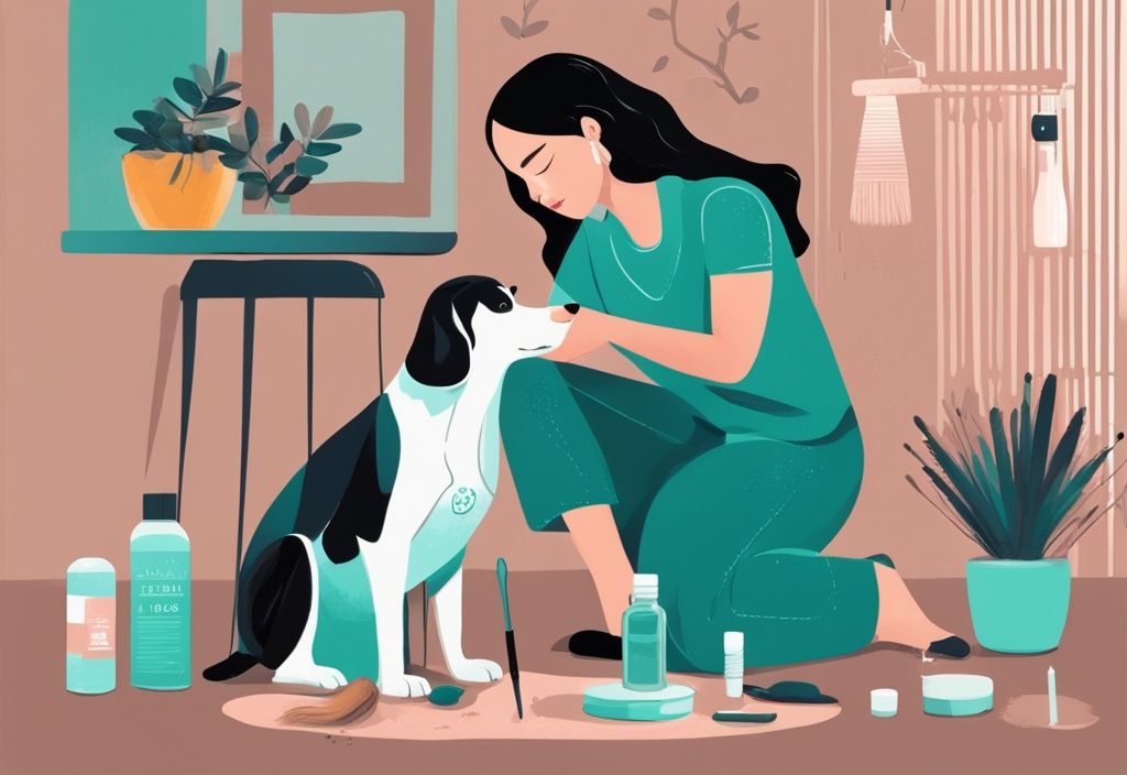 Illustration of how to stop dog shedding home remedy with a person grooming a dog using a special tool, olive oil, and Omega-3 supplements in a teal-themed digital painting.