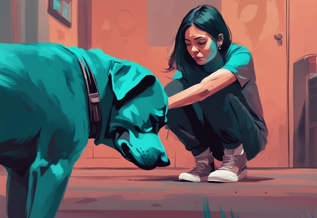 Teal-themed digital painting of a worried dog owner and their anxious, shaking pet dog displaying unusual behavior.