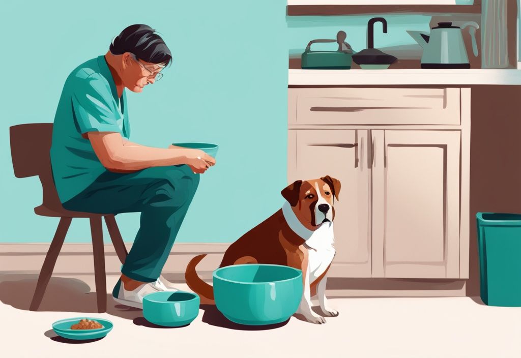 Senior dog disinterested in food beside full bowl, worried pet owner observing, digital painting in teal theme.