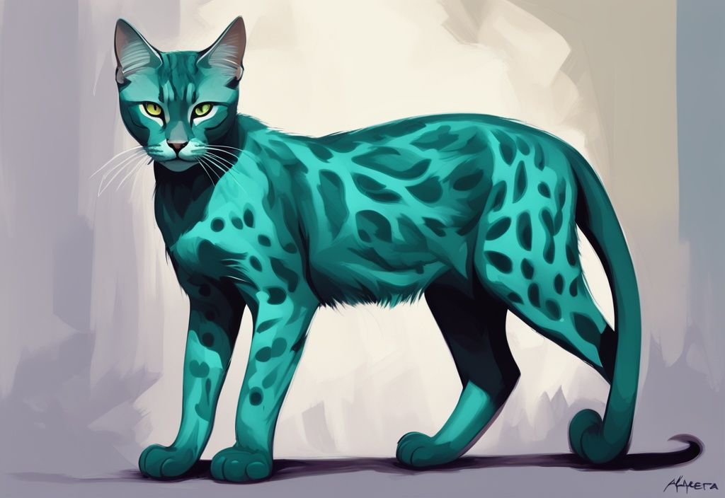 Digital painting of an exotic Ashera or Savannah cat in teal tones, showcasing its majestic stance.