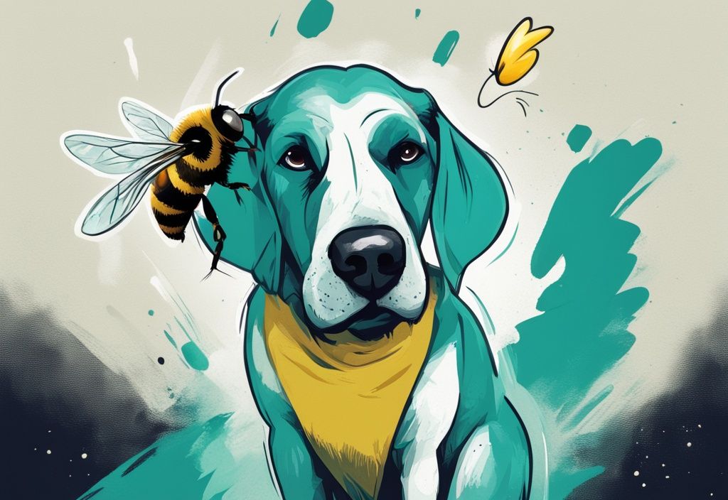 Teal-themed digital painting of a distressed dog licking its snout with a surprised expression, featuring a bee in its open mouth, illustrating the moment a dog ate a bee.