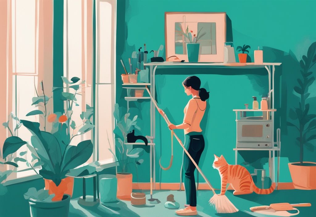 Illustration of a person demonstrating how to clean a cat tree, using various cleaning tools, with a curious cat observing from afar, in a modern teal-themed digital painting.