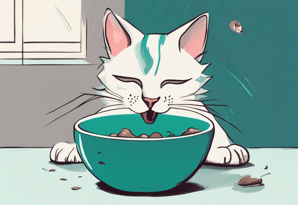 Teal-themed digital painting of a cat meowing after eating, illustrating the question: why does my cat meow after eating?