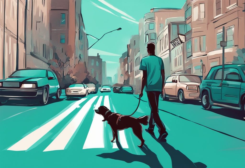 Digital painting of a dog owner curbing their dog on a city street, teal color theme